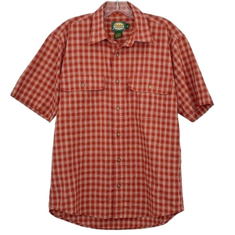 Cabela’s Red Orange Plaid Button Up Shirt Men’s Casual Short Sleeve Sz S